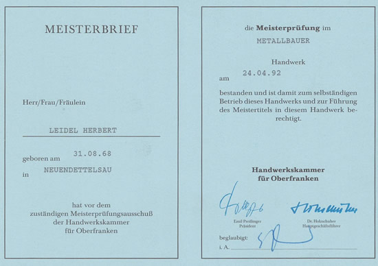 Kunstschmiede Leidel Meisterbrief